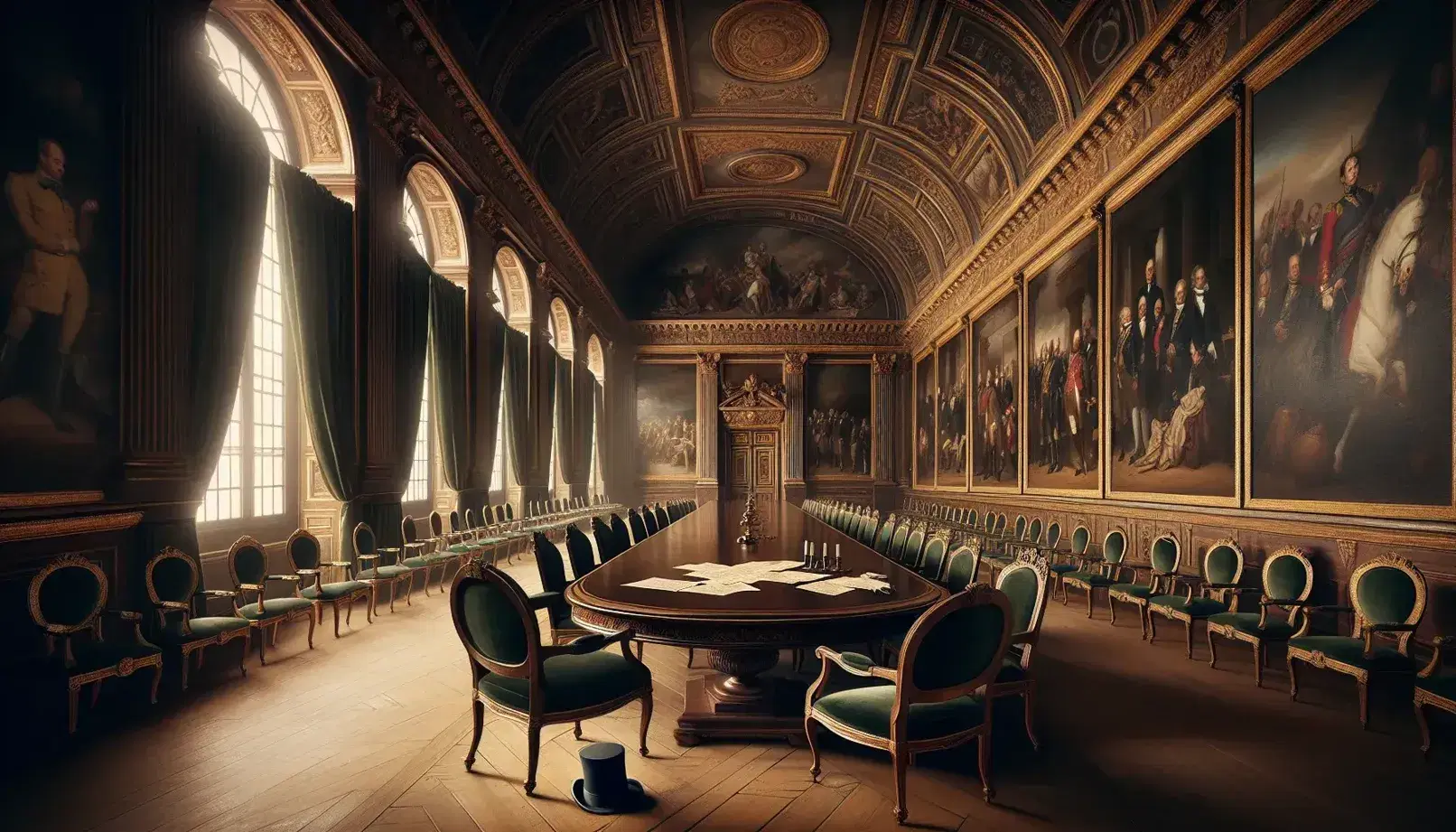 Sala storica in stile neoclassico con tavolo in legno scuro, sedie imbottite in velluto verde, documenti antichi e cappello a cilindro.