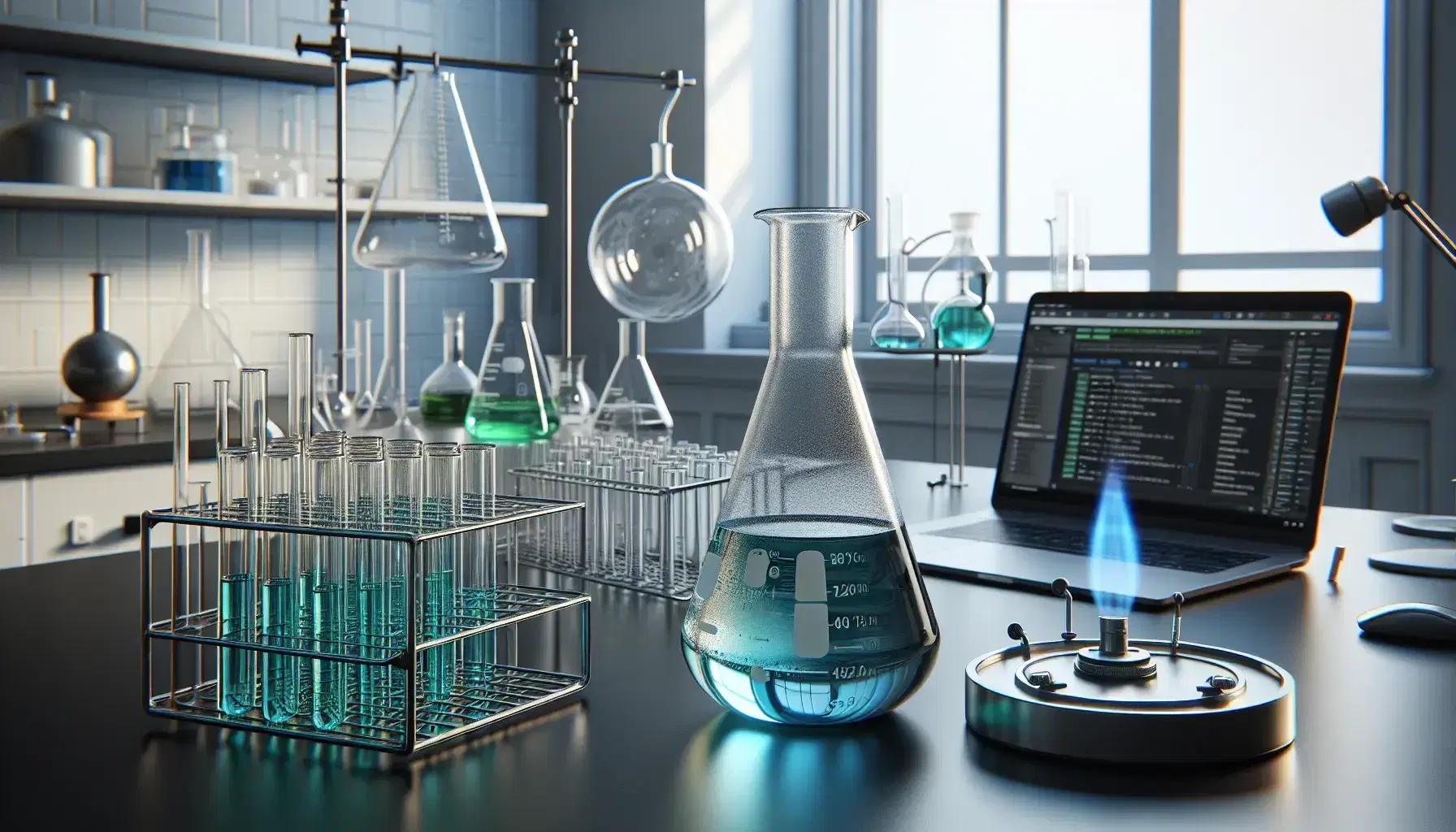 Laboratory with blue liquid in a beaker, green solution in a round-bottom flask, test tubes, and a Bunsen burner on a black countertop.