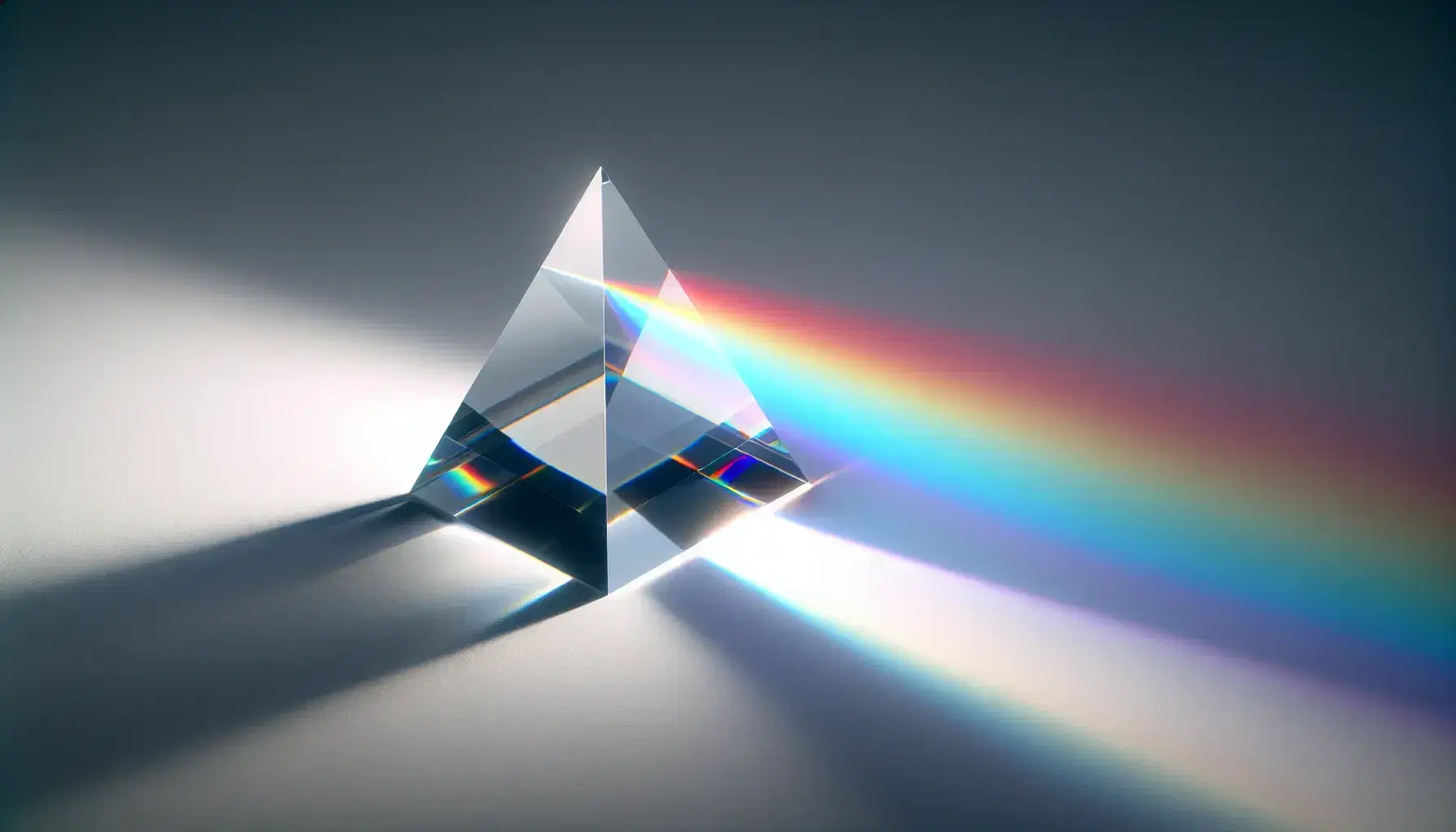 Glass prism on white surface refracting white light into a color spectrum from red to violet against a neutral gray background, demonstrating light dispersion.