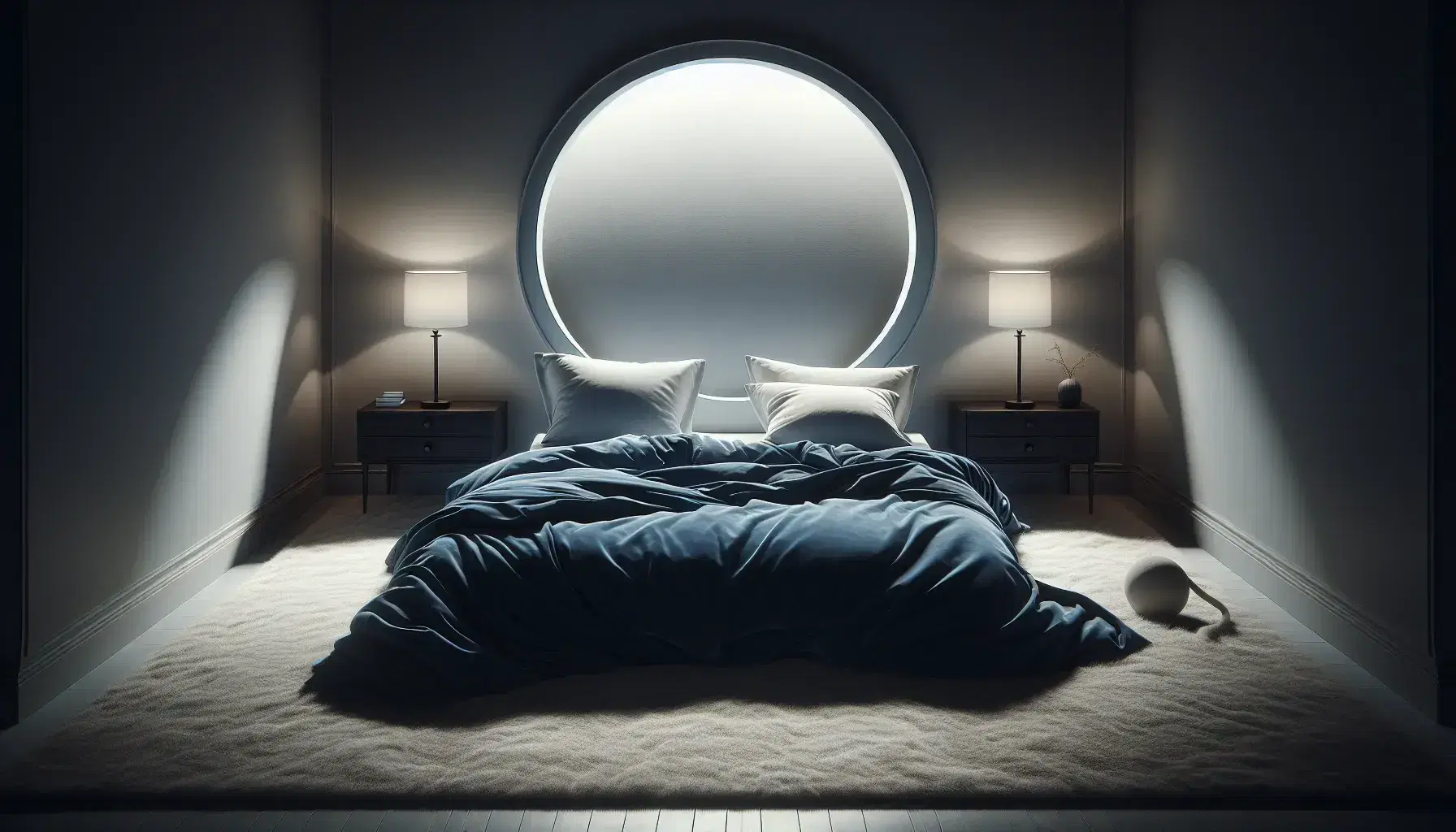 Peaceful night scene in bedroom with large bed, blue blanket, white pillows, bedside tables and golden dog sleeping on cream carpet.