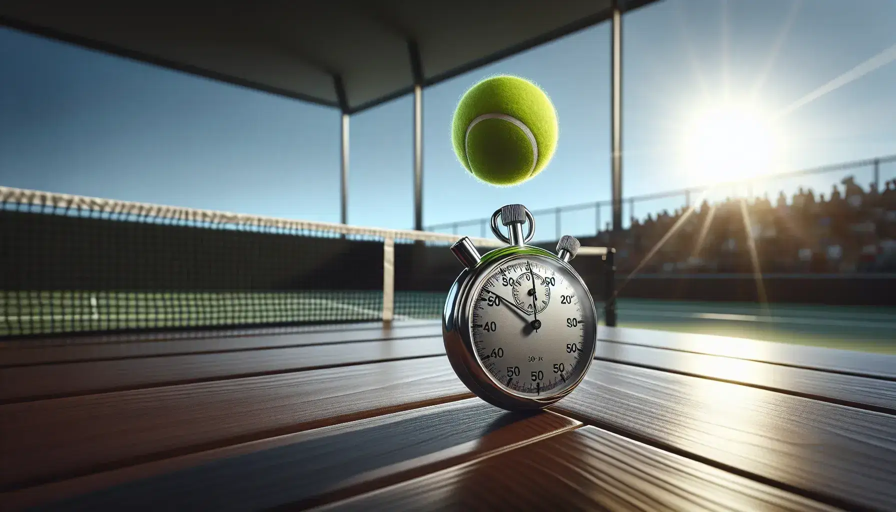 Cronometro analogico argento su tavolo in legno scuro con palla da tennis verde fluorescente in movimento e sfondo sfocato di campo da tennis.
