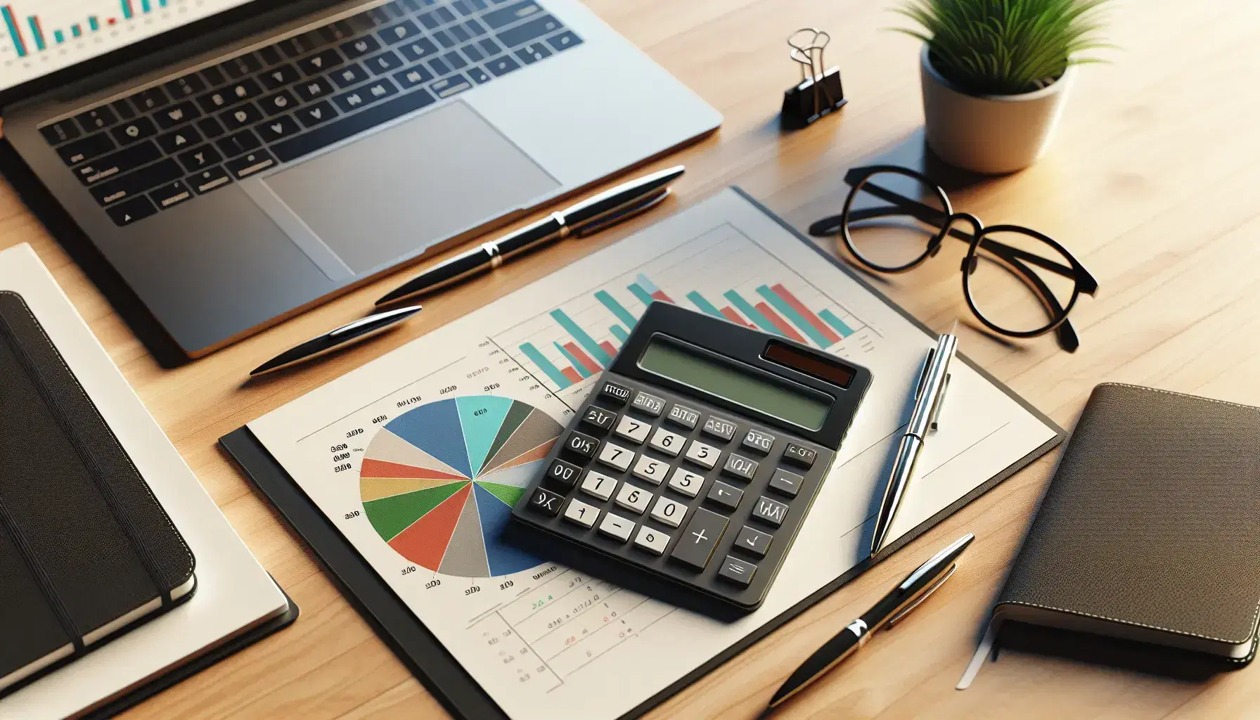 Mesa de oficina de madera con calculadora científica, gráficos de pastel y barras, portátil, plantas, cuaderno y gafas, en un entorno de análisis financiero.