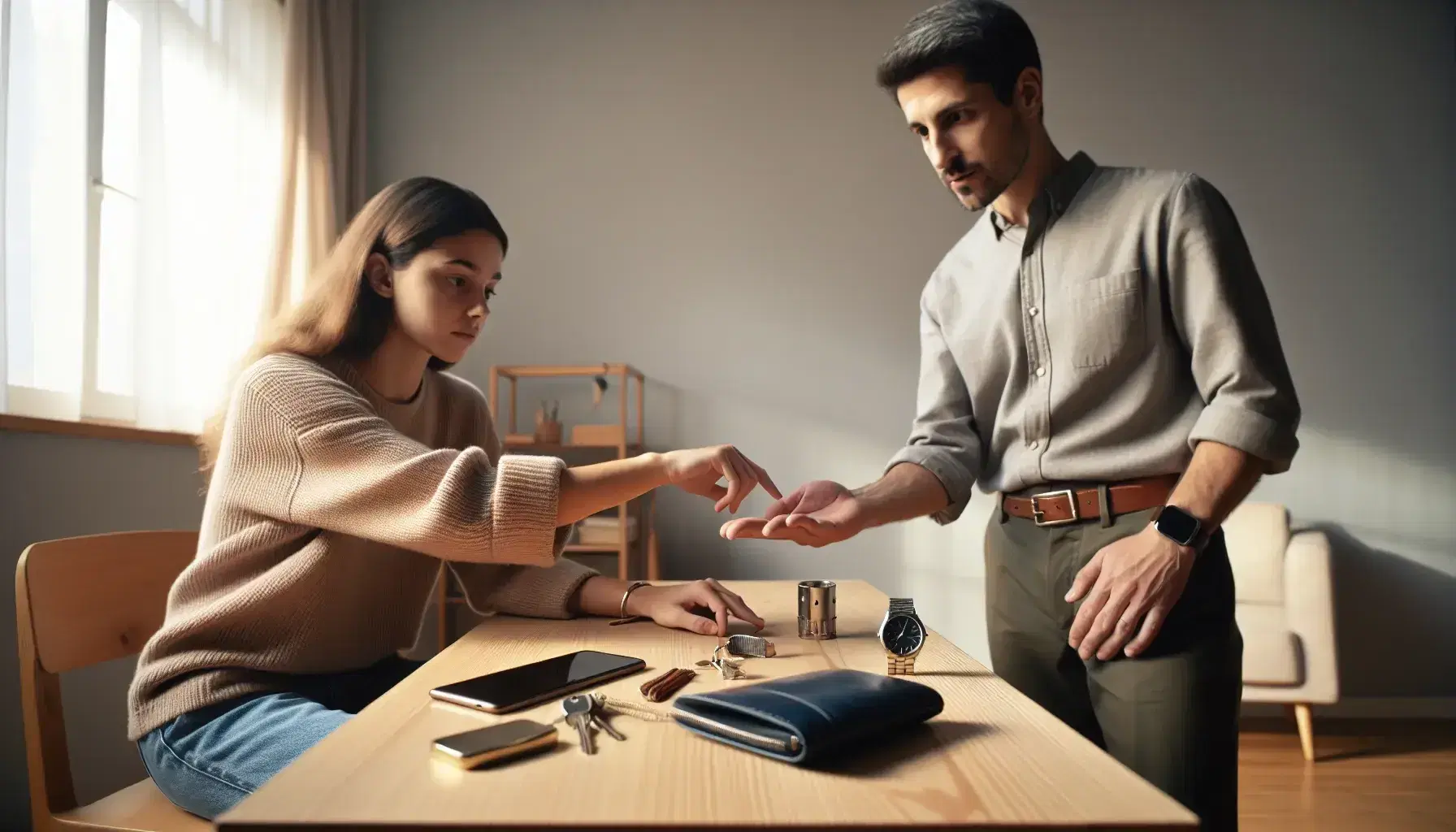 Adulto enseñando a joven a manejar objetos cotidianos como reloj, cartera y llaves en un ambiente interior iluminado.