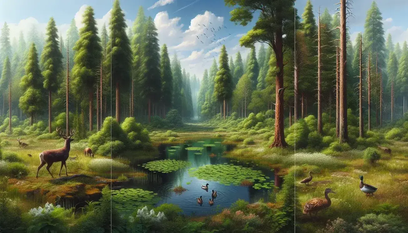 Vista panorámica de un bosque denso con árboles verdes, un estanque con nenúfares, un ciervo y patos, bajo un cielo azul claro.