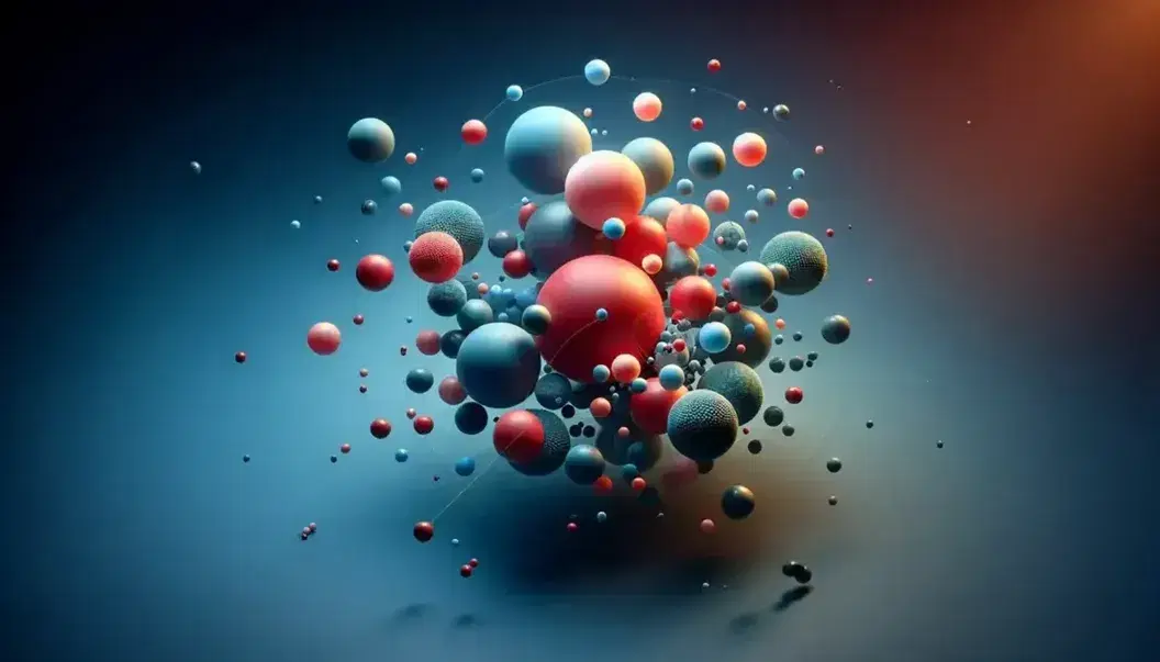 Esfera roja central con órbitas de esferas azules en espacio indefinido y gradiente azul de fondo, reflejando luz y sombras.