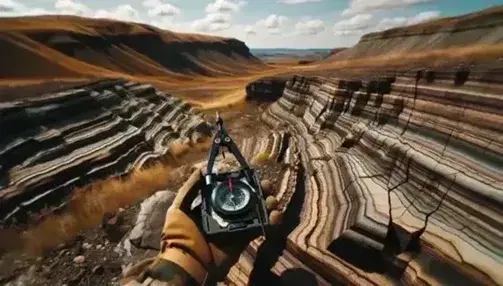 Mano con guante sosteniendo brújula geológica sobre capas estratificadas de roca sedimentaria en terreno rocoso con colinas suaves y cielo azul al fondo.