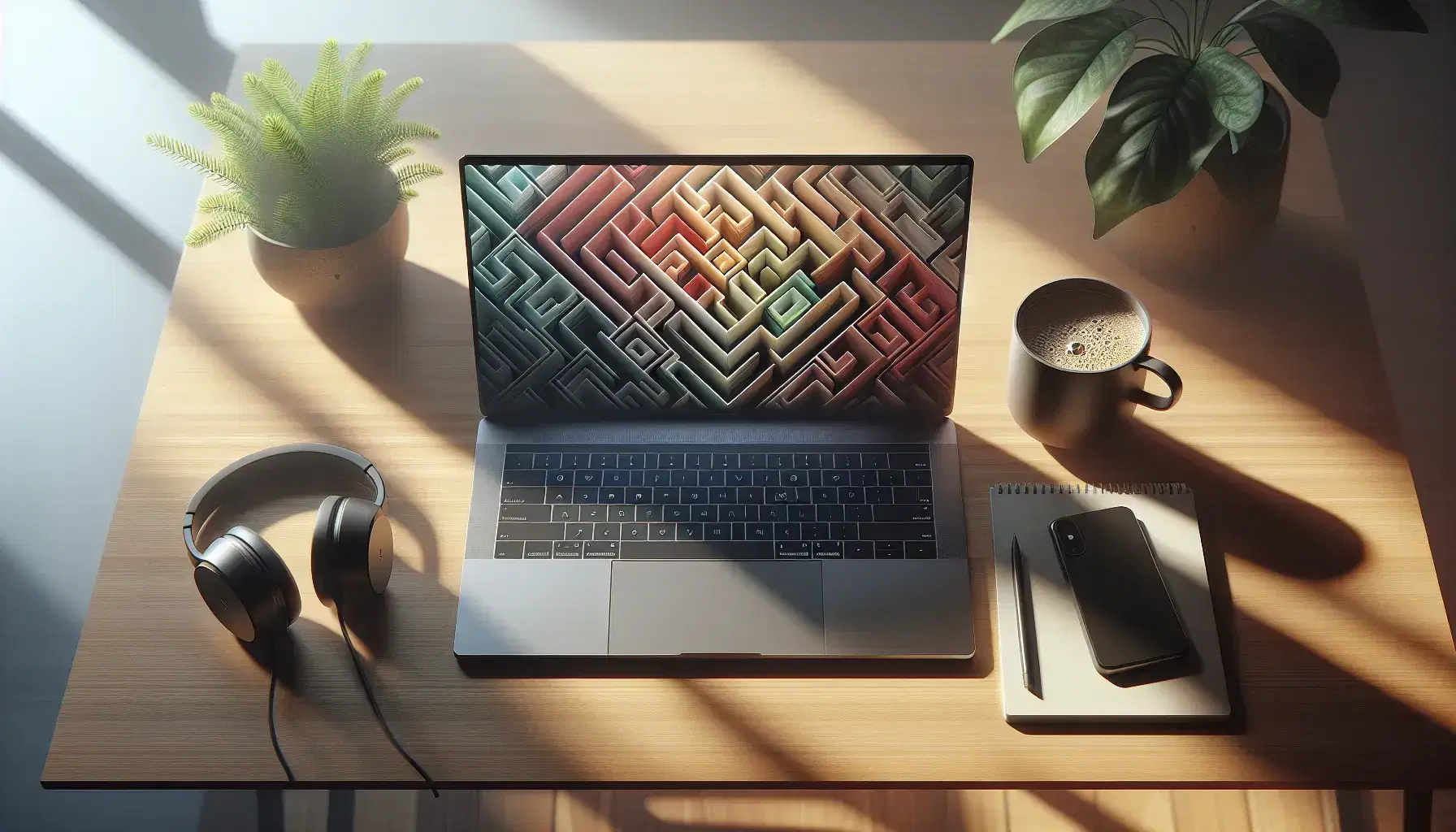 Organized wooden desk with modern laptop, green plant, black headphones and steaming cup of coffee, illuminated by natural light.