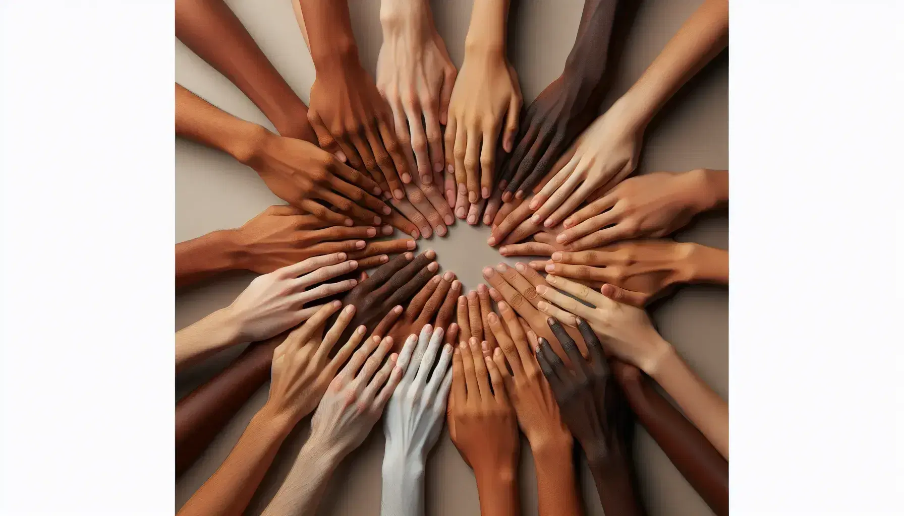 Mani di diverse tonalità di pelle si uniscono a formare un cerchio su sfondo neutro, simboleggiando unità e diversità etnica.
