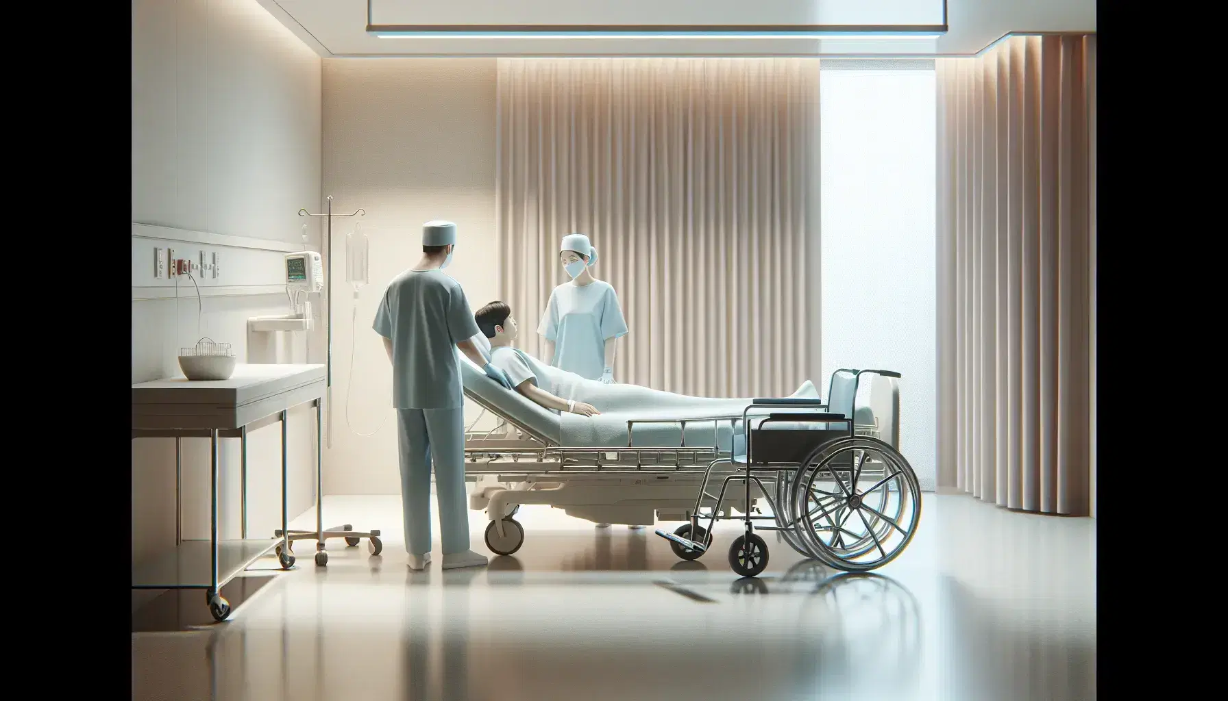 Profesionales de la salud en uniforme azul claro asisten a paciente en cama de hospital ajustable, con silla de ruedas al lado y cortina de privacidad parcialmente cerrada en ambiente hospitalario tranquilo.