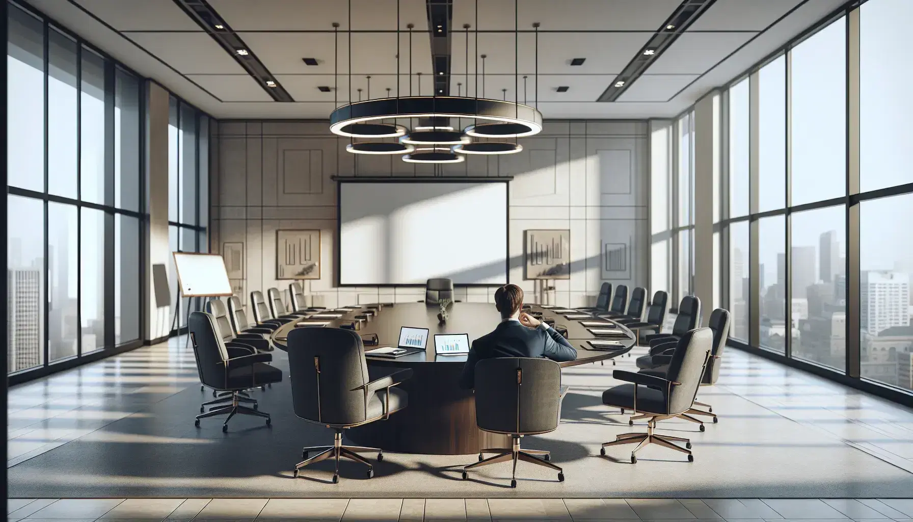 Sala de conferencias iluminada con mesa ovalada, sillas ergonómicas y una persona de espaldas en traje azul, sin proyecciones en pantalla blanca.
