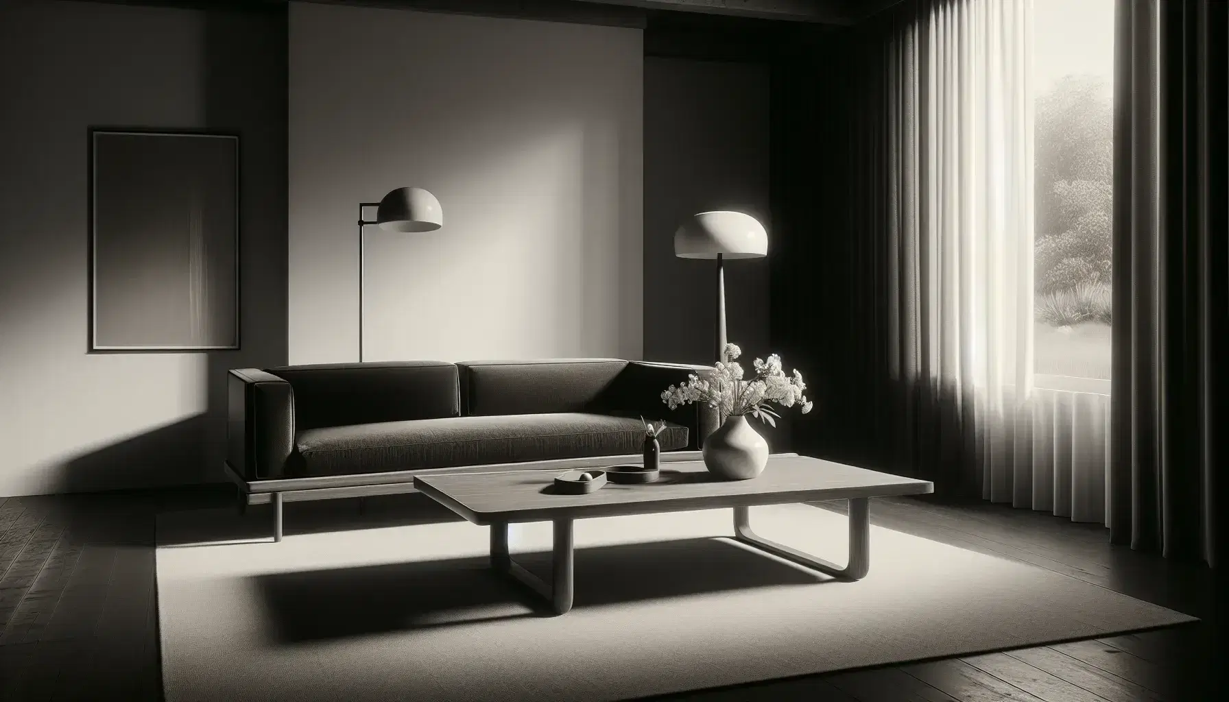 Mid-century modern living room with a low-profile dark sofa, wooden coffee table with white vase and flowers, wooden floor lamp, and sheer-curtained window.