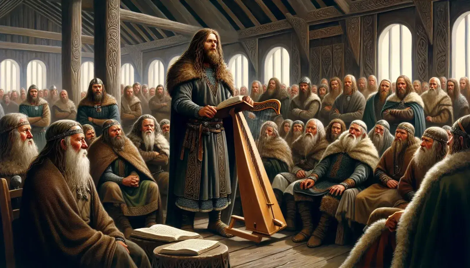 Viking Age Norse hall with a skald playing a wooden harp, surrounded by an attentive audience, near a hearth with a feast-laden table in the background.
