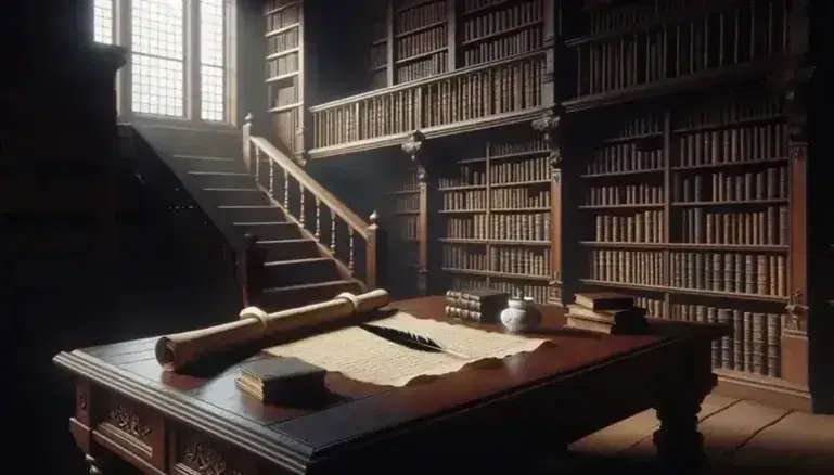 Biblioteca antigua con estantes de madera oscura llenos de libros encuadernados en cuero, mesa central con pergamino antiguo y pluma junto a tintero, iluminados por luz natural.