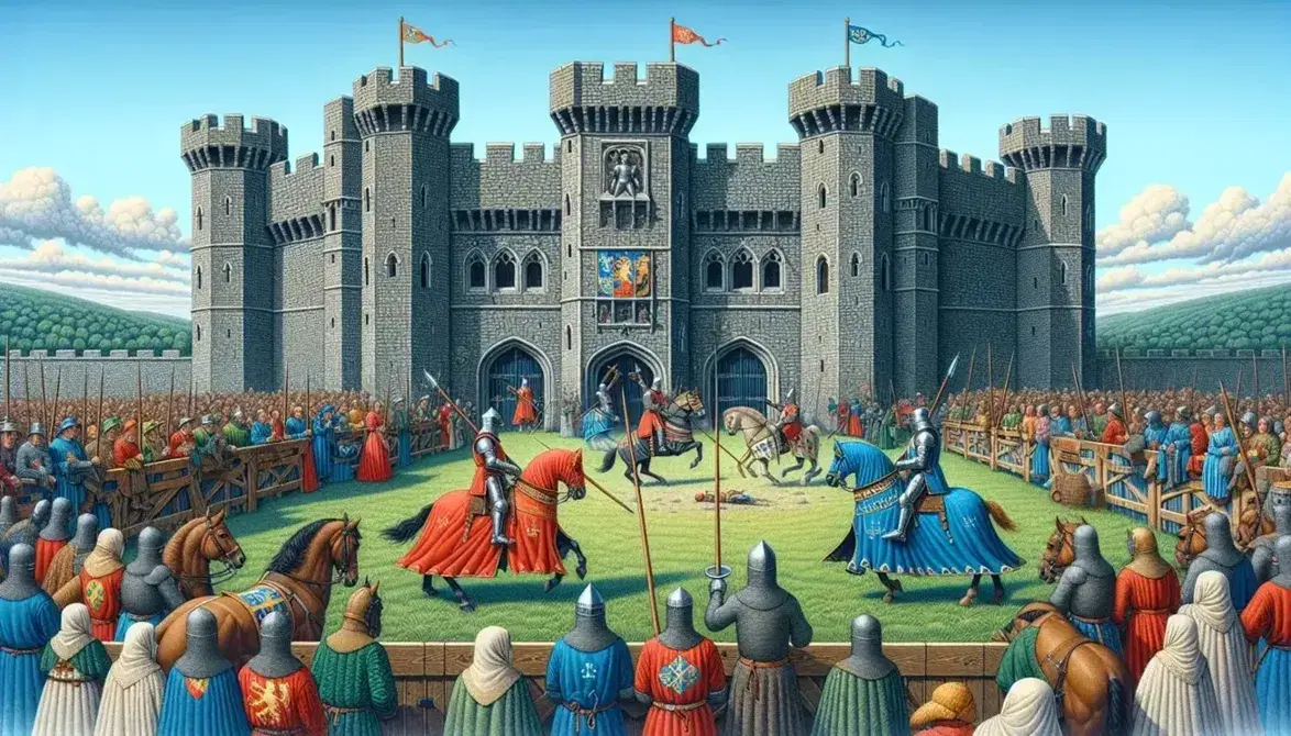 Scena medievale con castello in pietra, duello di cavalieri in armatura con mantelli rosso e blu, spettatori in abiti d'epoca e picnic sotto un albero.