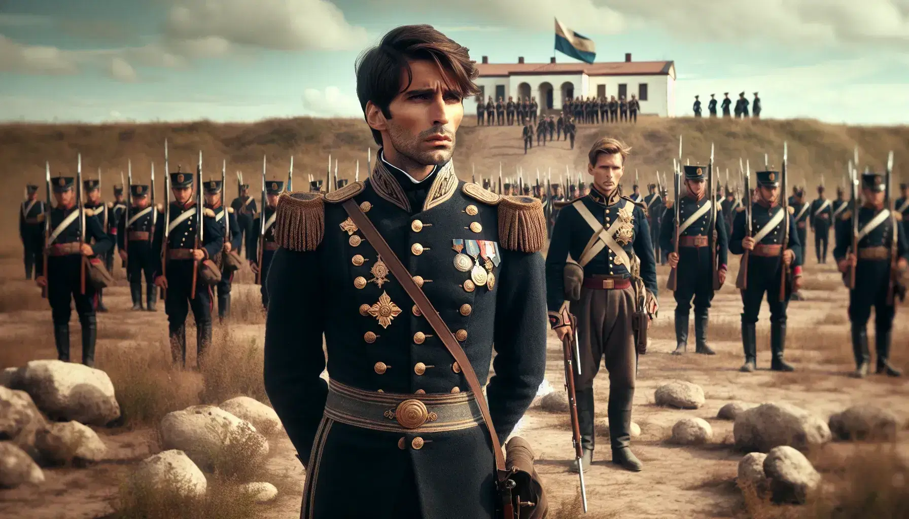 Escena histórica al aire libre con hombre en uniforme militar del siglo XIX mirando el horizonte, acompañado por soldados en formación y edificio colonial de fondo.