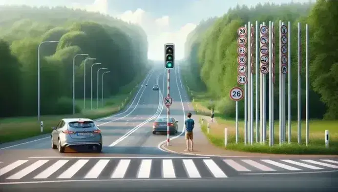Strada asfaltata con semaforo verde e cartelli stradali bianchi, auto grigia ferma e pedone che attraversa, cielo sereno.