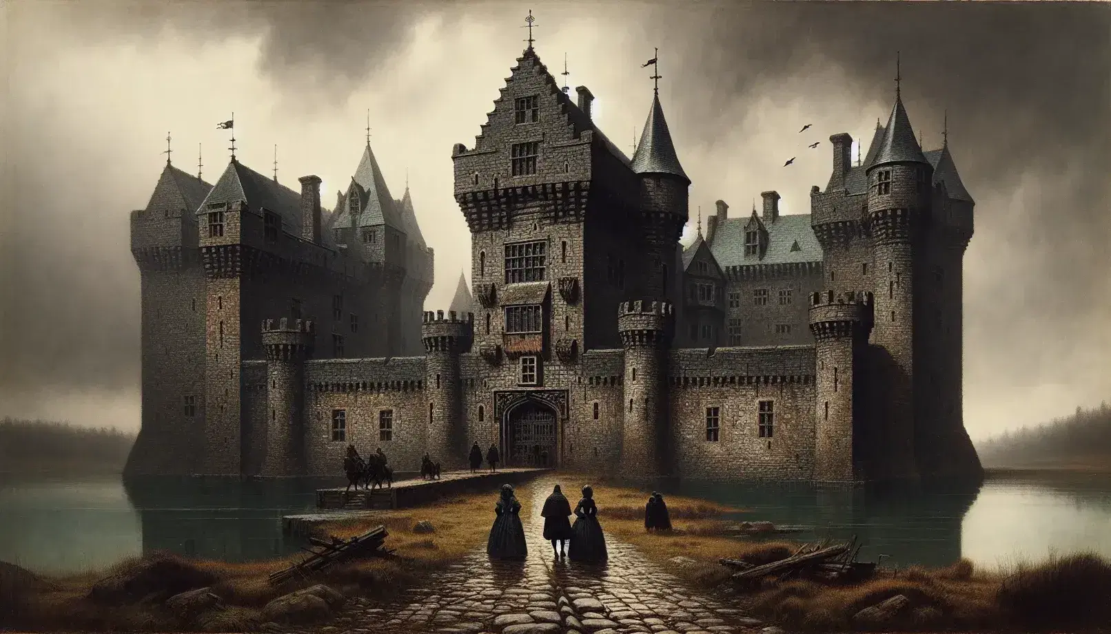 Tudor-era stone castle with towers and a portcullis, surrounded by a moat under a cloudy sky, with period-dressed figures conversing nearby.