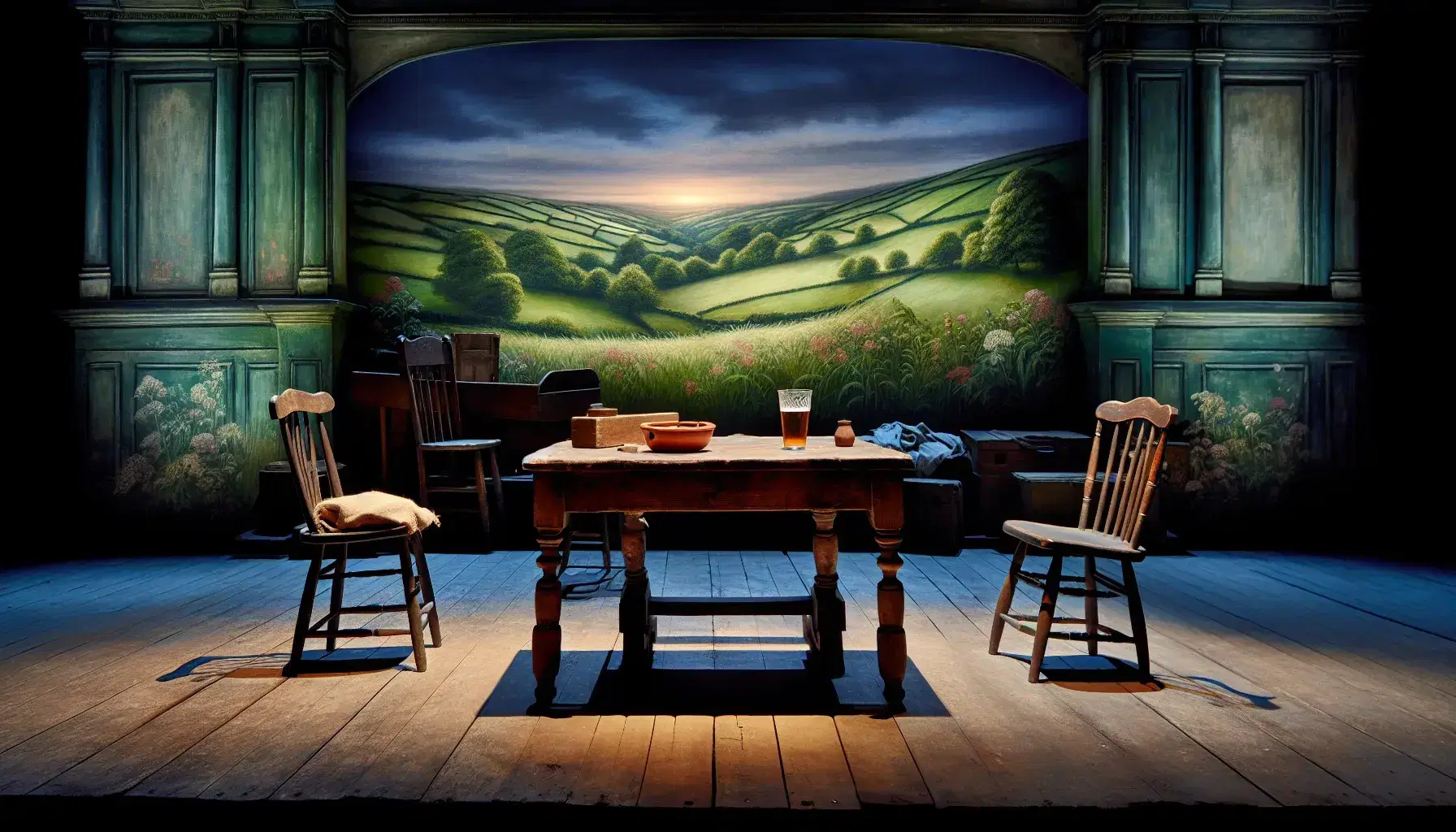 Dimly lit theater stage with realistic rural English landscape backdrop, weathered wooden table, mismatched chairs, half-empty beer glass, and scattered props post-performance.