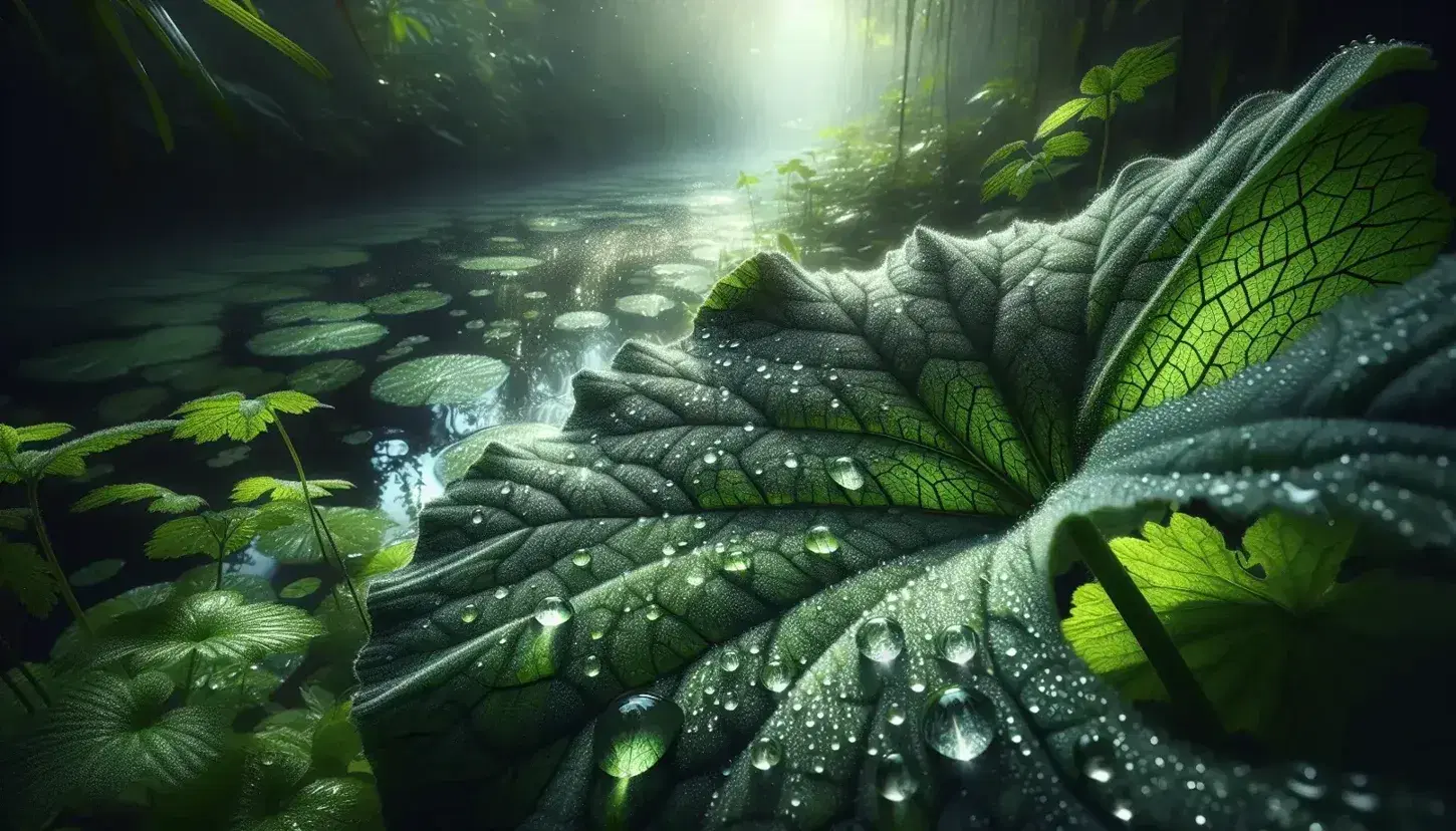 Hoja verde con gotas de agua reflejando la luz en un entorno natural húmedo con vegetación y tonos azules desenfocados en el fondo.