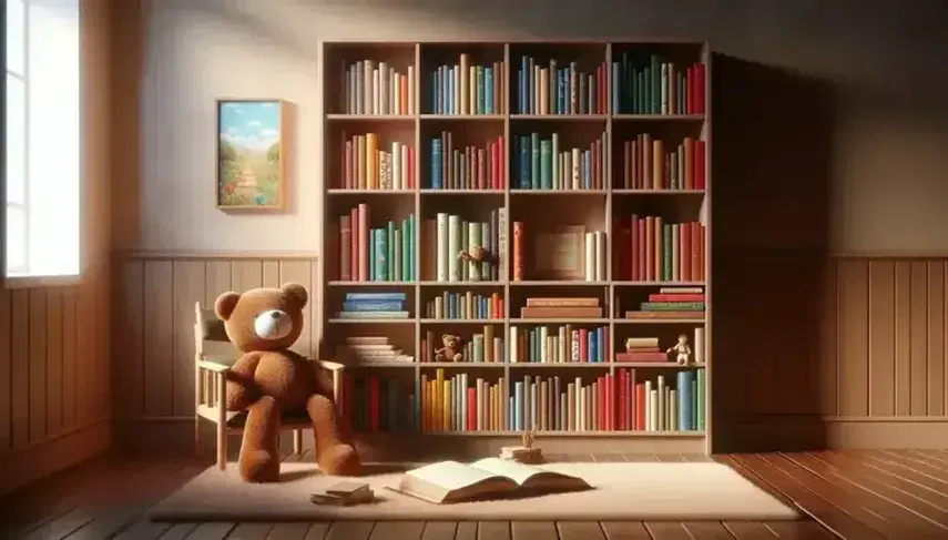 Estantería de madera repleta de libros coloridos con un oso de peluche en silla y alfombra con libro ilustrado, ambiente cálido y acogedor.