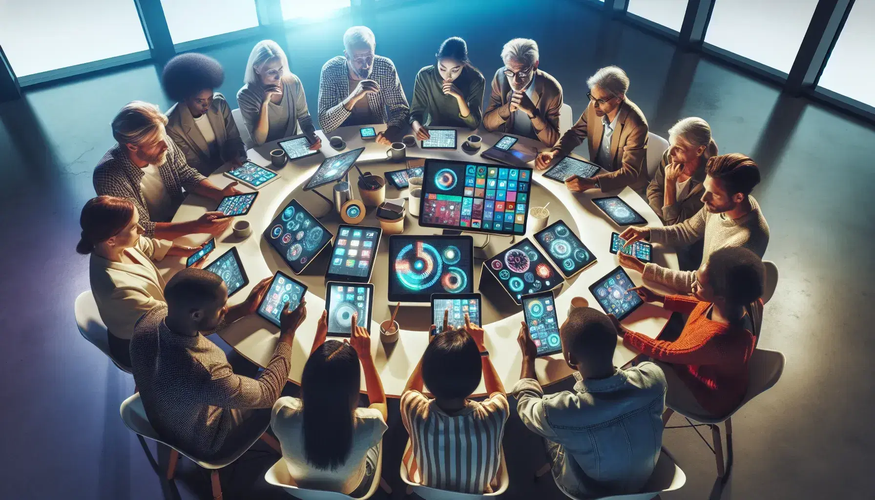 Grupo diverso de personas interactuando en una mesa redonda con dispositivos electrónicos en un entorno de trabajo colaborativo iluminado naturalmente.