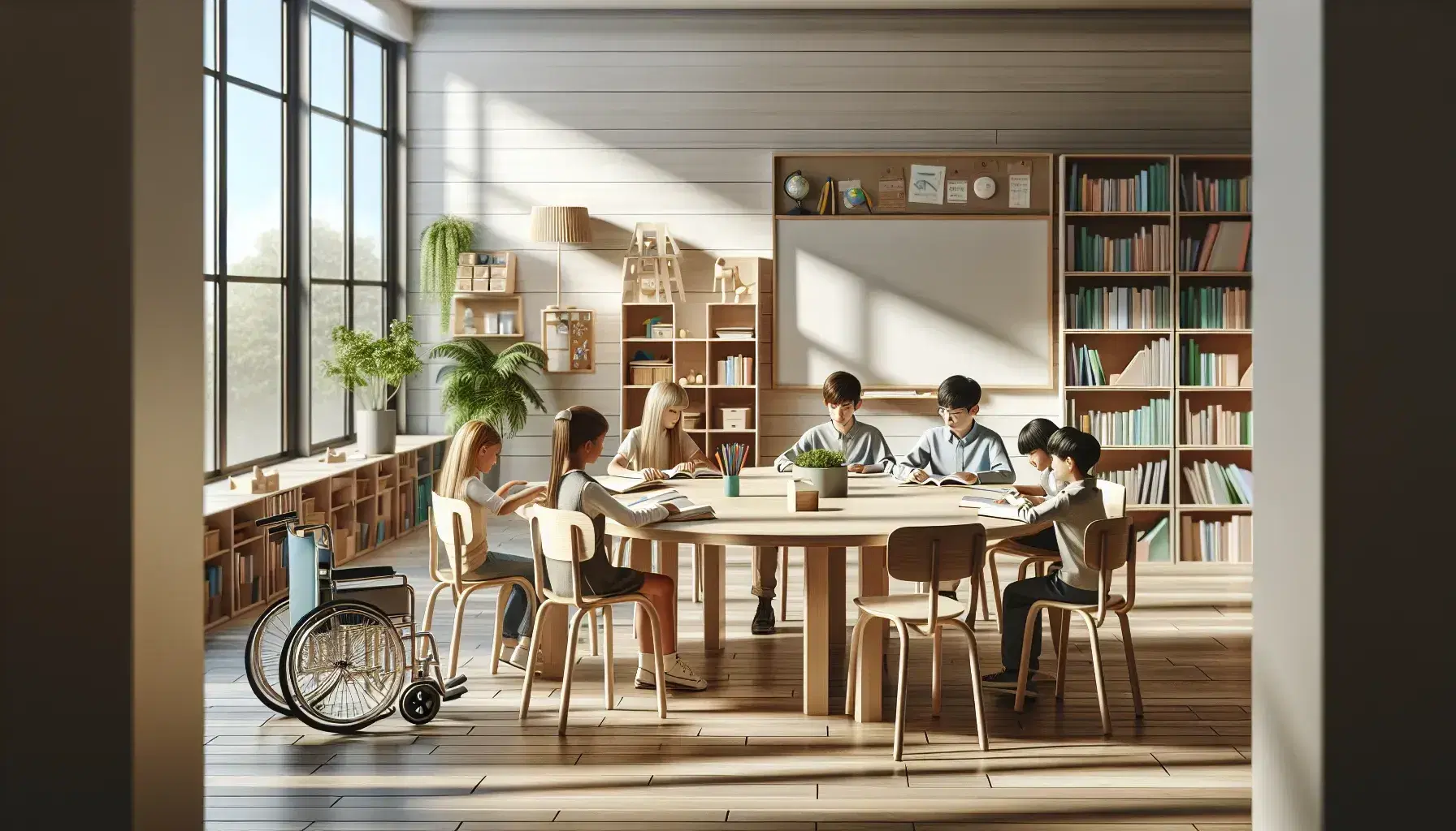 Aula luminosa con estudiantes diversos alrededor de una mesa redonda de madera, libros abiertos, silla de ruedas vacía, estanterías con juguetes y plantas.