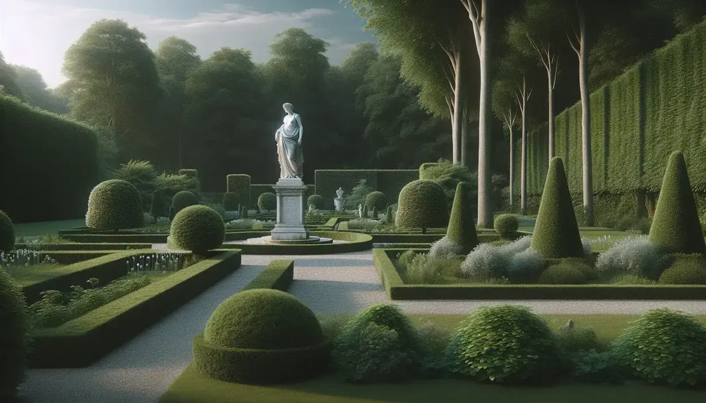 18th-century English garden with manicured shrubs, gravel path, classical marble statue, tall trees, and a stone fountain under a clear blue sky.