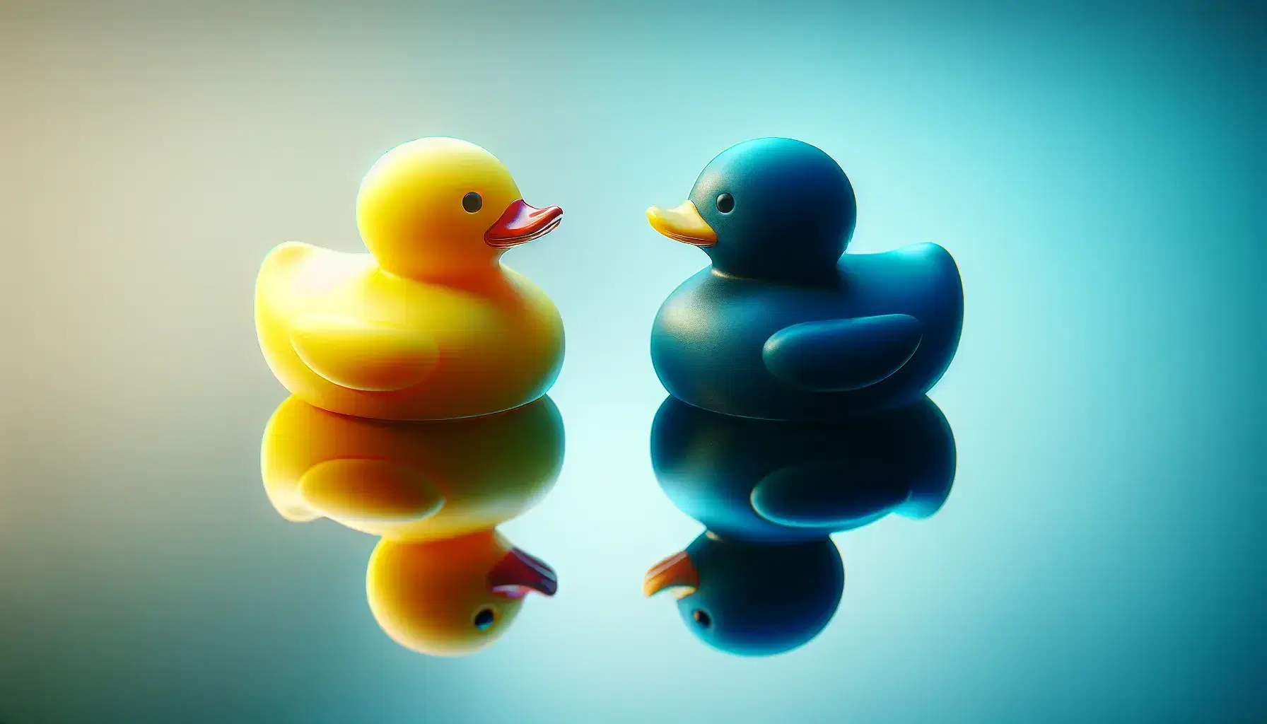 Yellow and blue rubber ducks facing each other on reflective surface with light blue to white gradient background and soft shadows.
