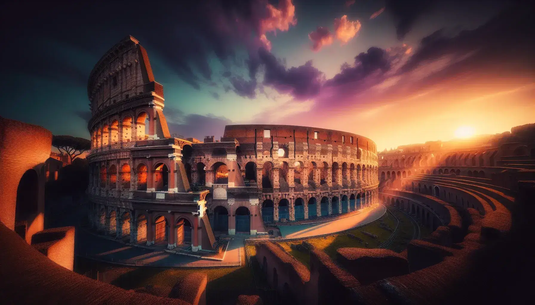 Vista panoramica del Colosseo a Roma al tramonto con cielo sfumato da arancione a viola e silhouette dell'anfiteatro antico.