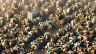 Veduta aerea di una città indiana densamente popolata con edifici variopinti, strade strette e affollate, senza segni leggibili.
