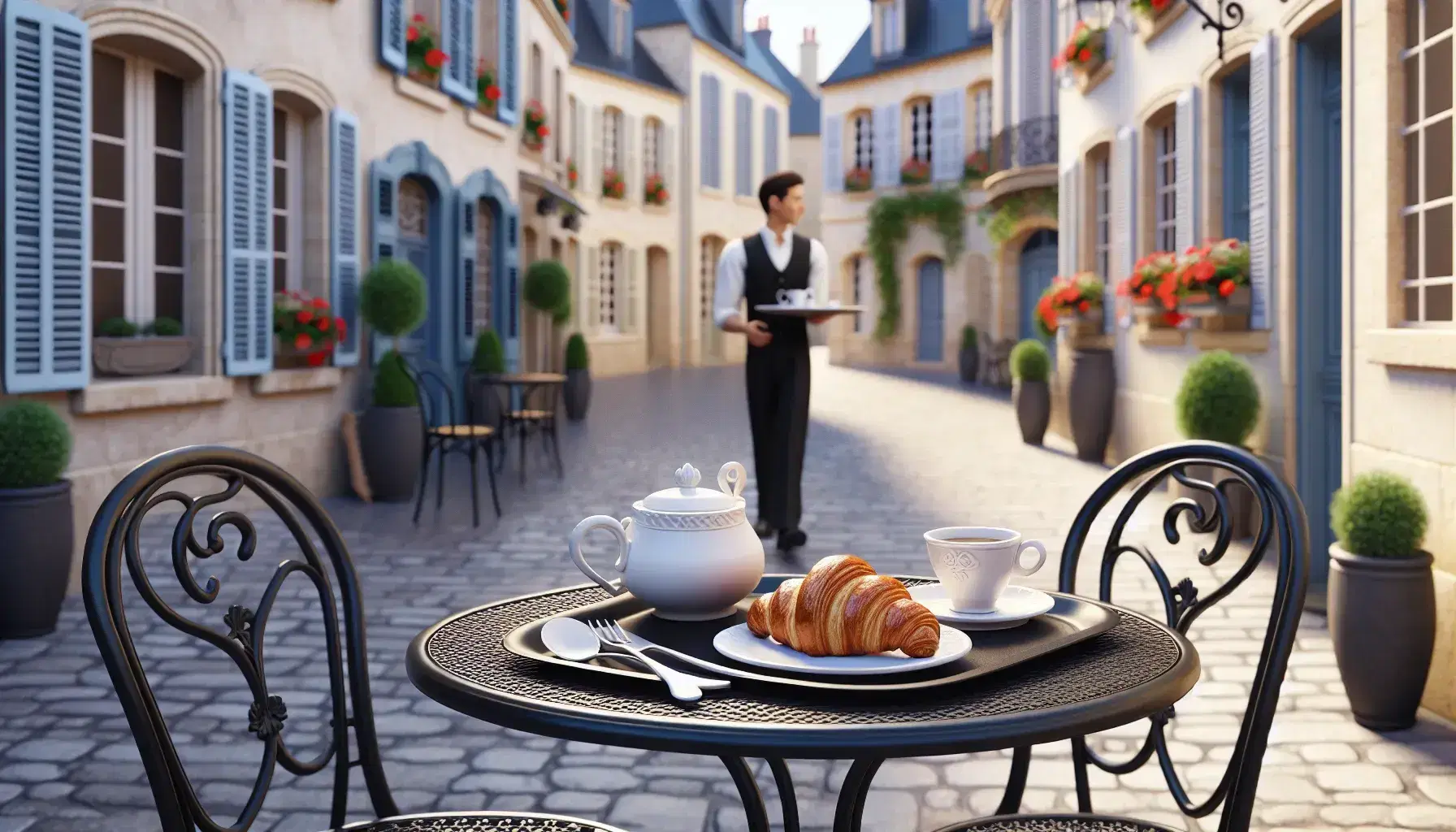Classic French café scene with a round black wrought iron table, a flaky croissant on a white plate, a porcelain cup, and a waiter serving in the background.