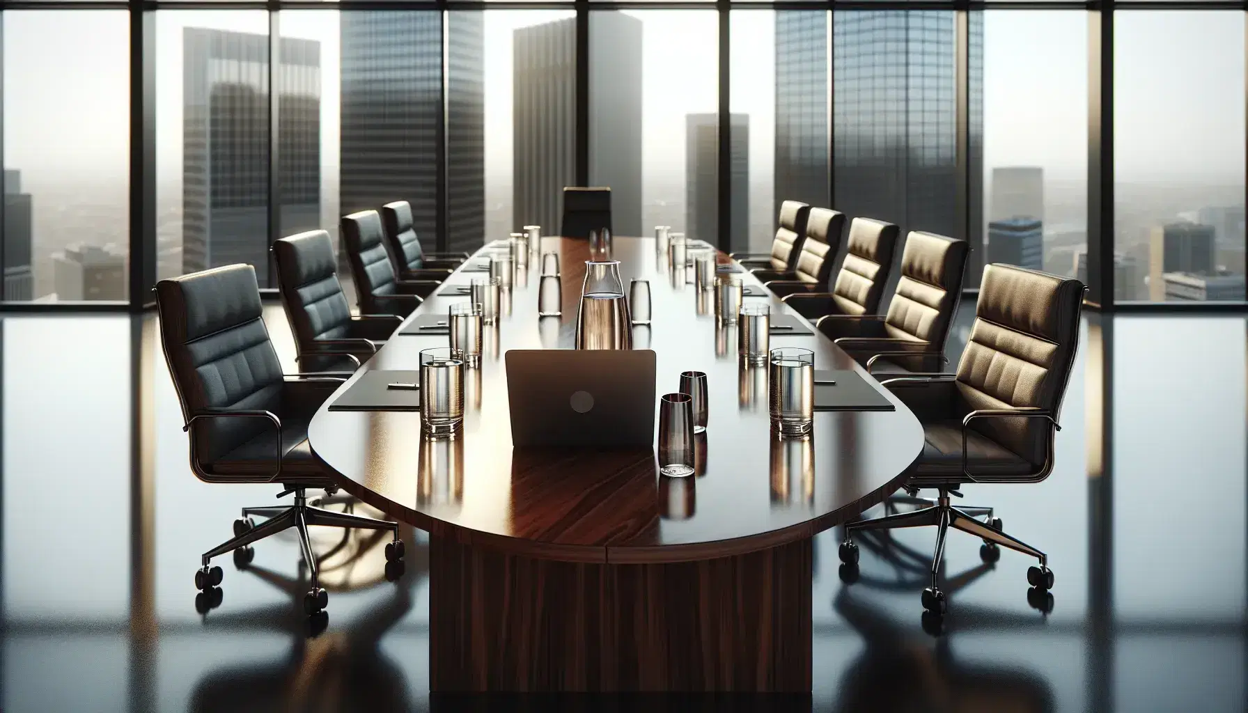 Modern boardroom with oval wooden table, black leather chairs, laptop, water pitcher with glasses, and city skyline view through floor-to-ceiling windows.