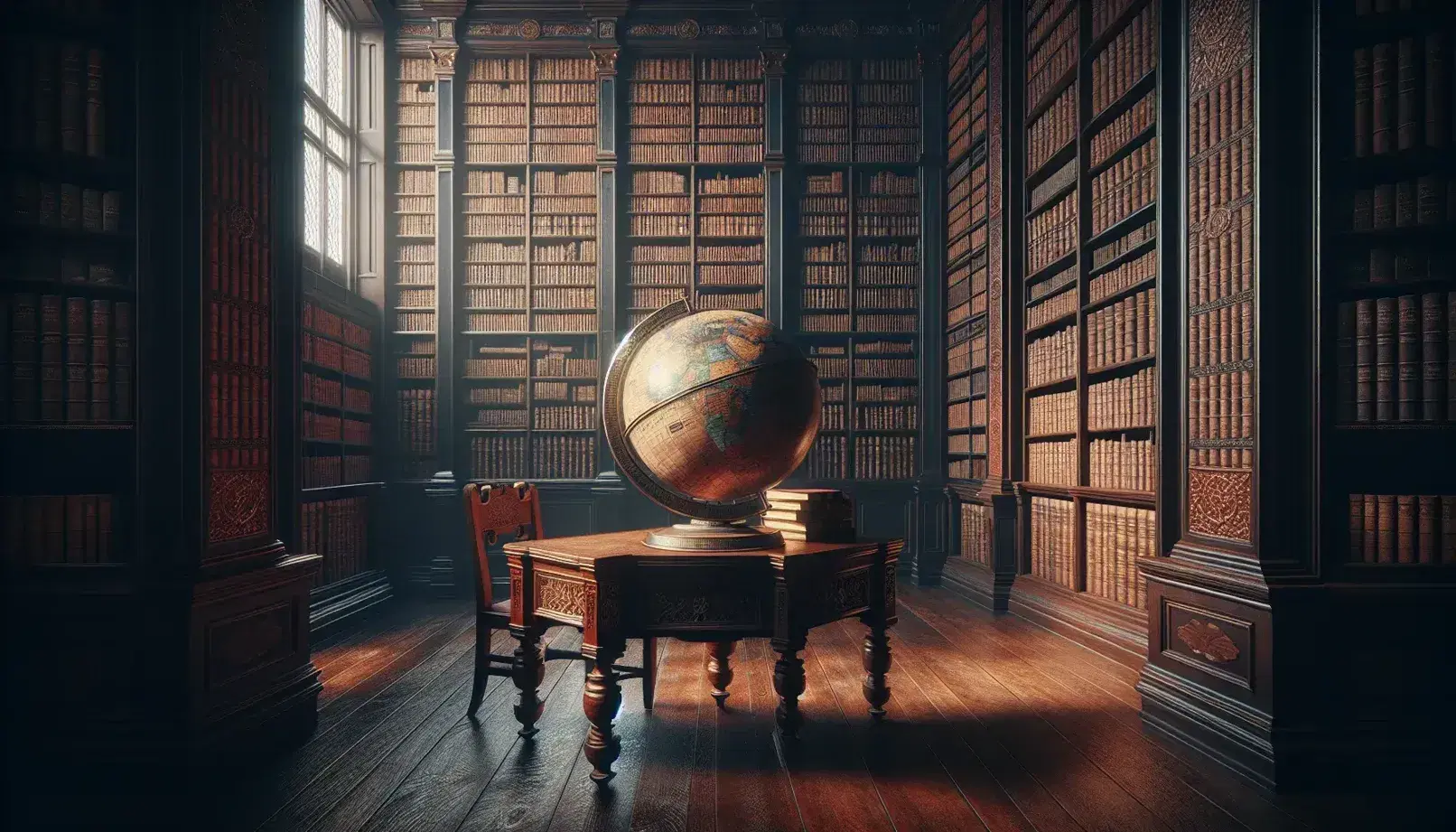 Biblioteca antigua con estantes de madera oscura llenos de libros, mesa central con globo terráqueo antiguo y silla de madera con asiento rojo.