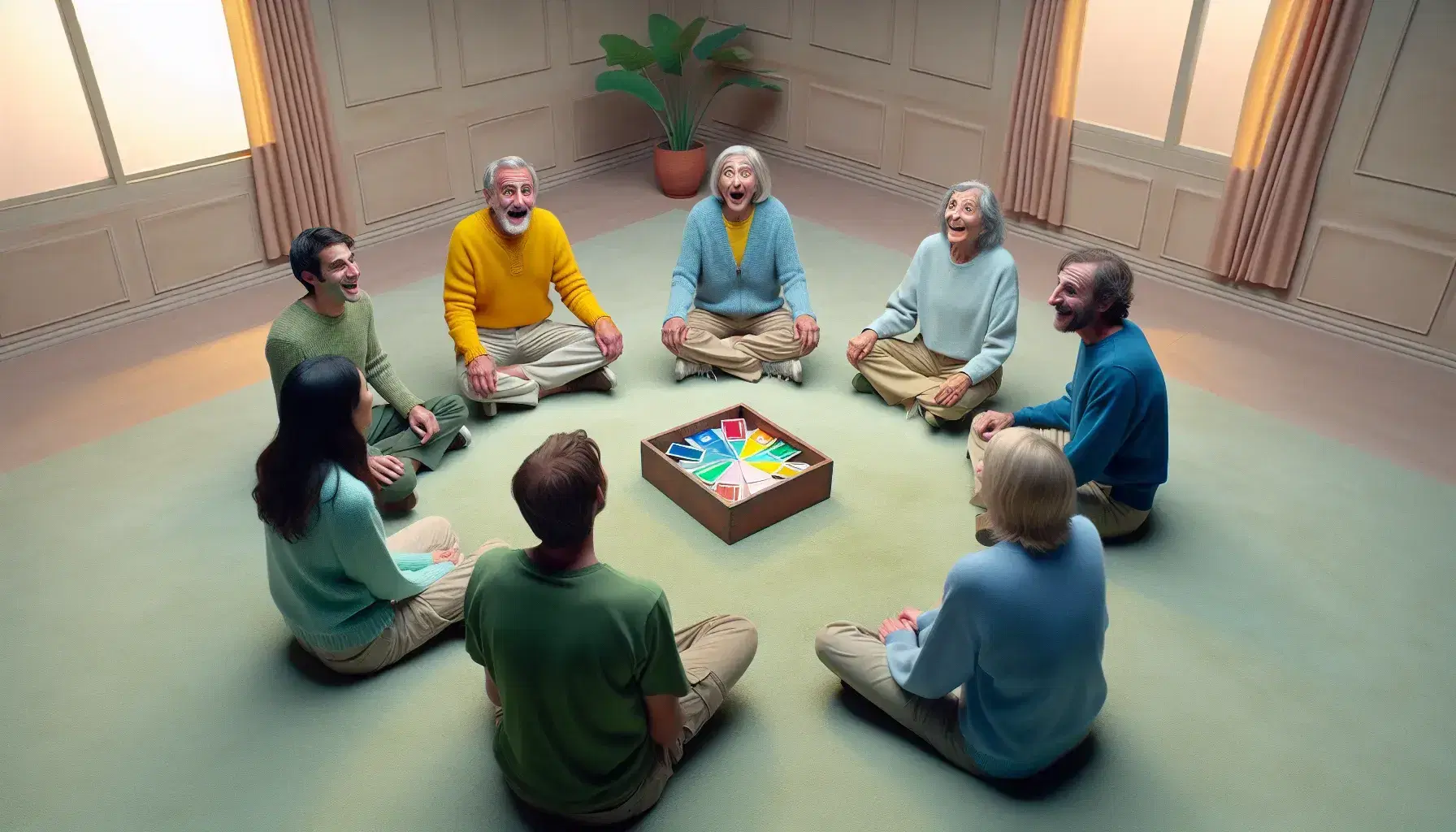 Grupo de cinco personas sentadas en círculo sobre alfombra verde interactuando con cartas de colores, mostrando emociones diversas en ambiente interior cálido.
