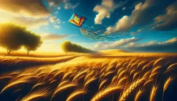 Campo di grano dorato sotto cielo azzurro con nuvole bianche, aquilone colorato in volo e fila di alberi sullo sfondo.