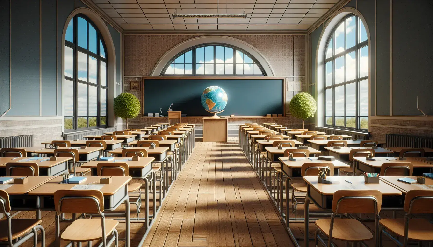 Aula escolar iluminada con luz natural, pupitres de madera alineados frente a pizarra negra vacía, globo terráqueo en escritorio y planta verde.