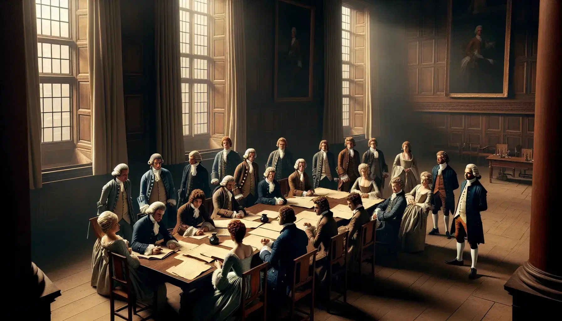 Group of people in late 18th century clothing discuss around a table with documents, quills and inkwell in a naturally lit room.