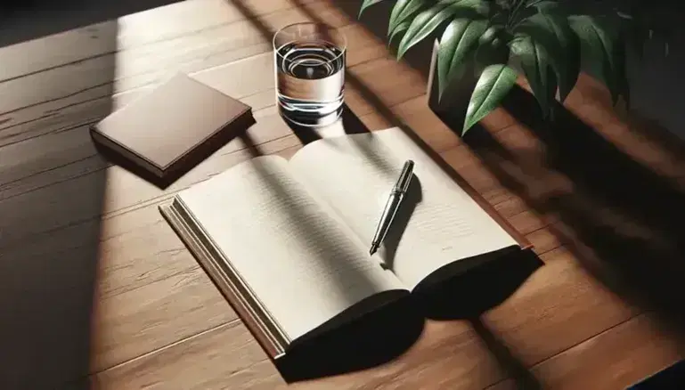 Neat wooden desk with an open blank hardcover book, a silver fountain pen, a glass of water, and a potted green plant in soft natural light.
