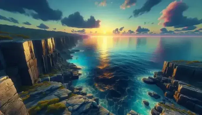 Scogliera rocciosa con vegetazione che si affaccia su mare blu al tramonto, sole arancione parzialmente nascosto da nuvola e riflessi dorati sull'acqua.