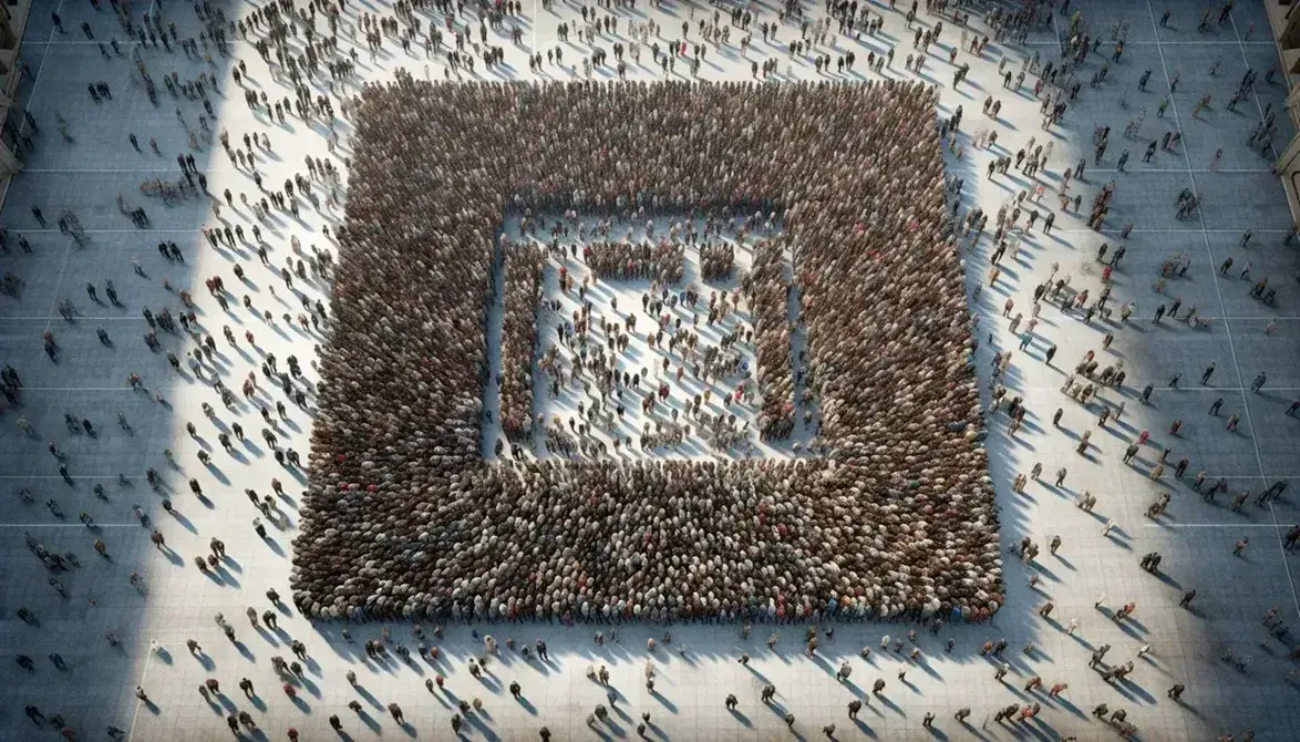 Vista aérea de una multitud en una plaza, con un claro central y personas agrupadas en tonos oscuros y toques de color, bajo una luz natural difusa.