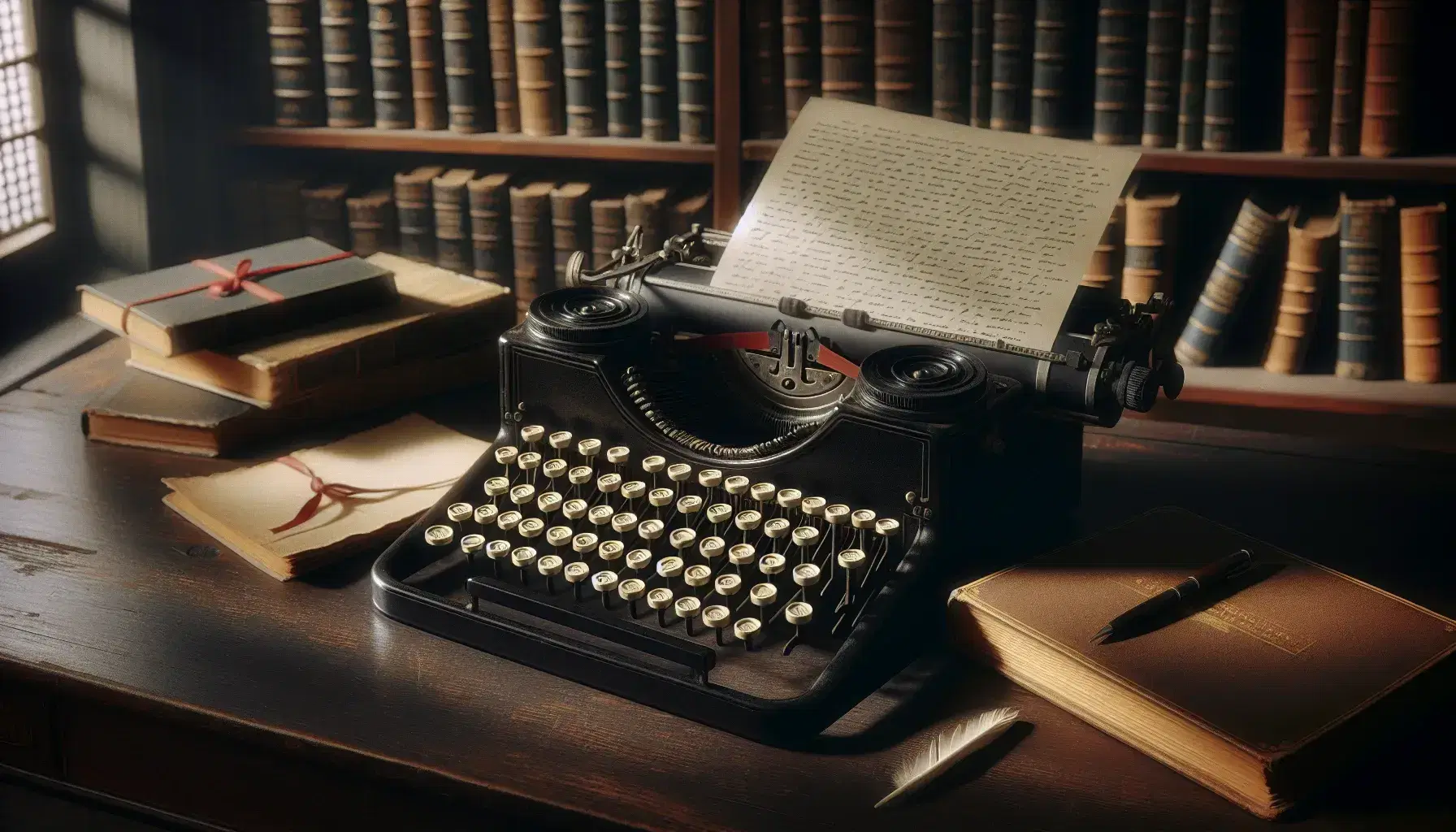 Macchina da scrivere vintage nera con tasti avorio su scrivania in legno scuro, fogli manoscritti legati da nastro rosso, libro aperto e sfondo di libreria.