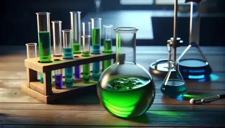 Glass bottle with green liquid on laboratory bench, colored test tubes in rack, lit Bunsen burner and tweezers next to an empty petri dish.