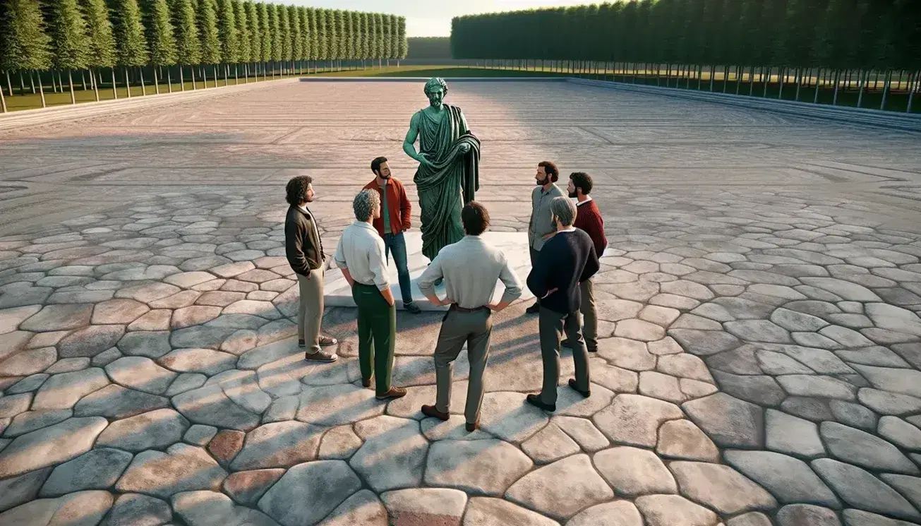 Grupo de cinco personas en discusión alrededor de estatua de filósofo antiguo en parque, con árboles y cielo azul al atardecer.