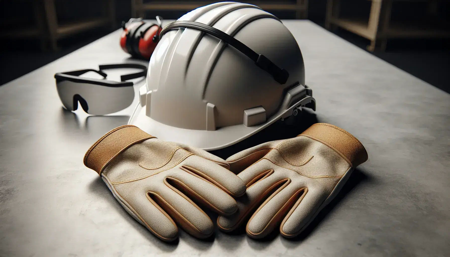 Casco de seguridad blanco, guantes de trabajo de cuero y gafas protectoras sobre superficie gris con figura humana al fondo usando chaleco reflectante.
