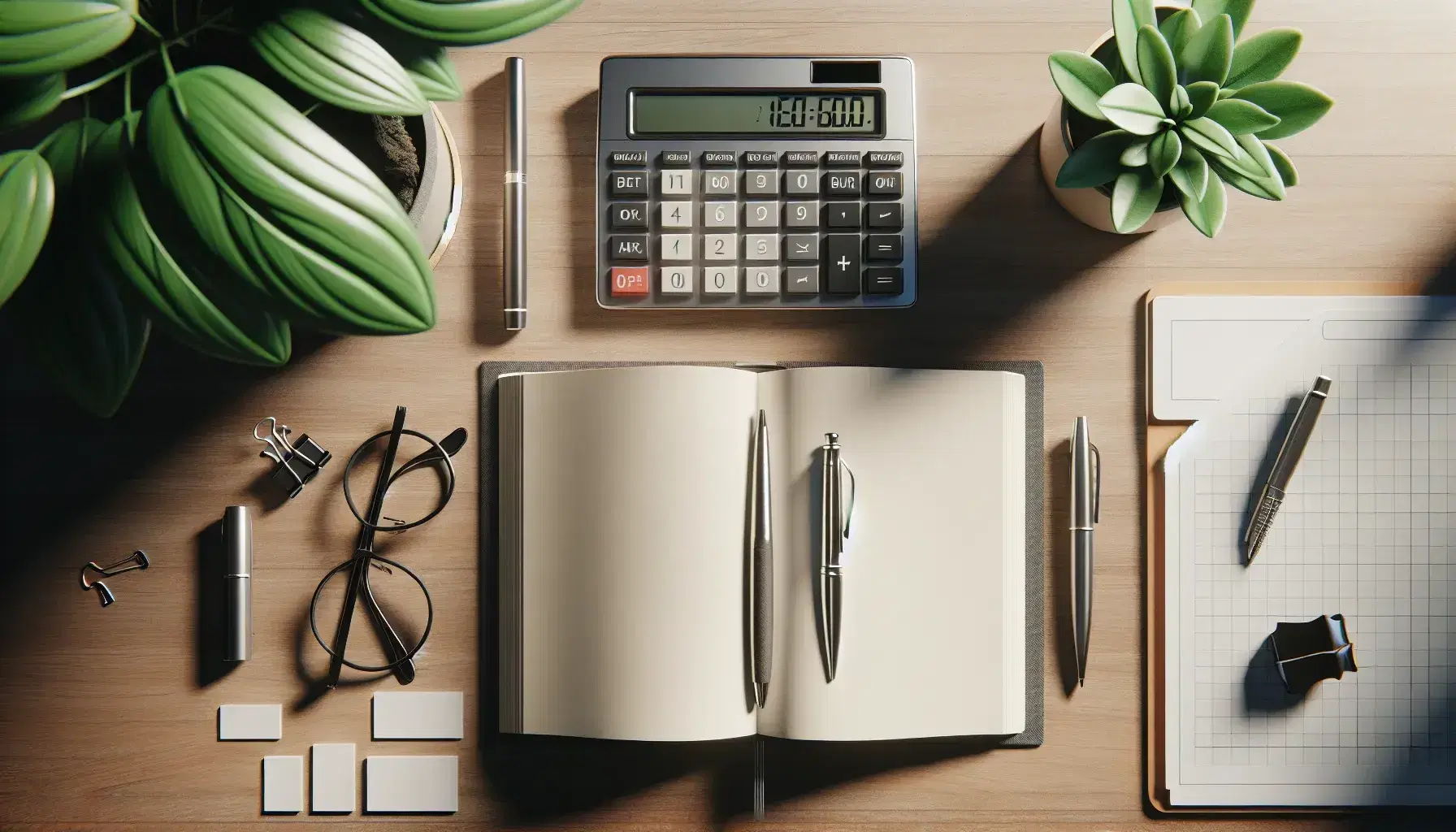 Organized office desk with an open blank book, sleek calculator on paper, black eyeglasses, silver fountain pen on index cards, and a potted green plant.