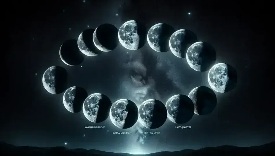 Fasi lunari in sequenza da Luna Nuova a Calante su sfondo stellato, dettagli crateri e mari visibili, cielo notturno senza nuvole.