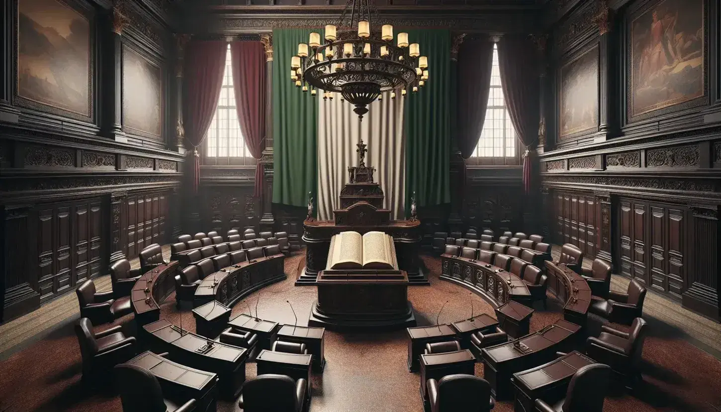 Sala antica di assemblea legislativa vuota con sedie in legno e pelle verde, podio centrale e lampadario in ferro battuto, bandiera italiana.