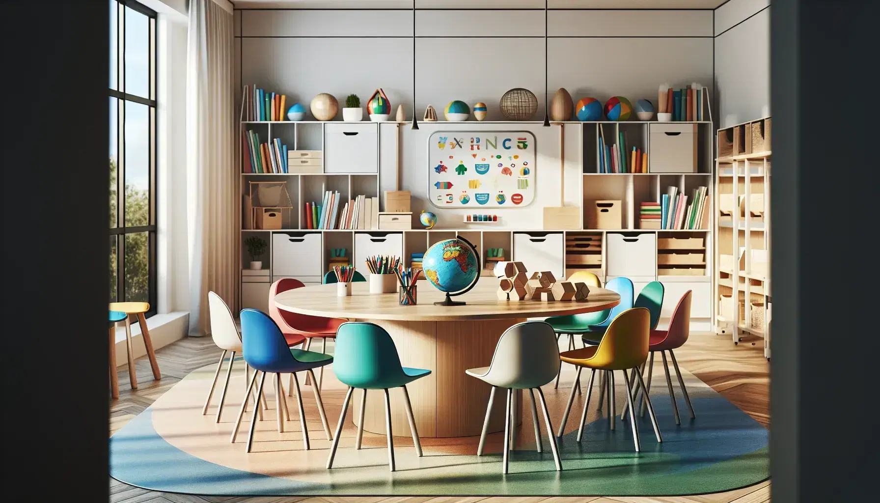 Aula escolar moderna y luminosa con mesa redonda y sillas ergonómicas de colores, bloques geométricos, globo terráqueo y tablet en la mesa, estantería con juguetes educativos y pizarra blanca.