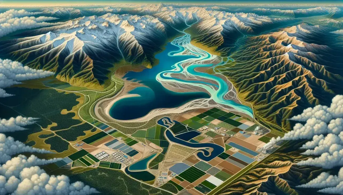Vista aérea de un paisaje con montañas nevadas, río serpenteante, lago azul, campos agrícolas verdes, caminos de tierra y pequeña zona urbana.
