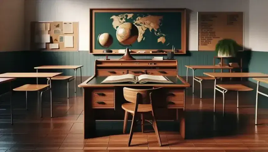 School classroom with teacher's desk, empty blackboard, world map without labels, tidy desks, shelf with books and soft lighting.